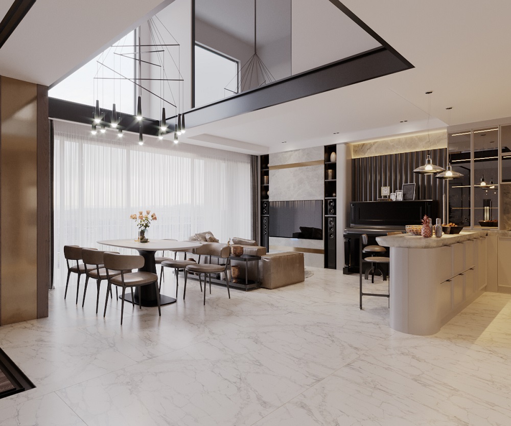 Phòng ăn được bày trí độc lạ theo lối thiết kế Duplex